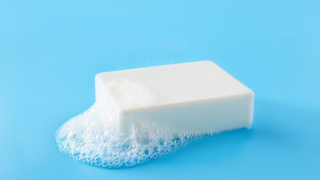 Los ingredientes esenciales del jabón de baño que debes conocer 6 Foto de una pastilla de jabón natural haciendo espuma.